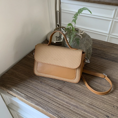 Women Shoulder Bag PU Leather And Woven Fabric Patchwork Retro Minimalist Small Square Handbag Crossbody Daily Travel