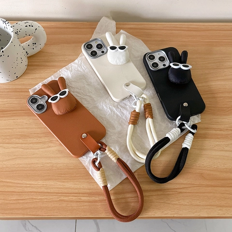 3D Plüsch Brille Hase Puppe Handyhülle Für iPhone 17 16 15 Pro Max TPU Lederstruktur Softcover Mit Geflochtenem Lanyard Band