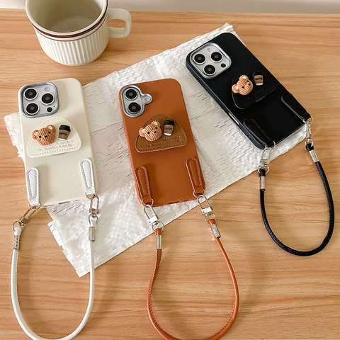 Funda Para Teléfono De Oso De Dibujos Animados 3D Taza De Café Textura Cuero Sintético Con Correa De Cordón Cruzado