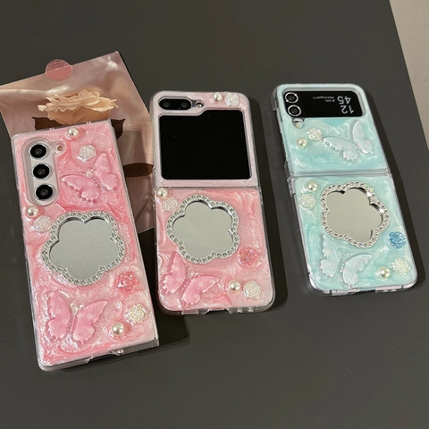 Glitter Rhinestone Mirror Flower Phone Case For Samsung Z Flip Fold Series Butterfly Pearl Decorative Sweet Phone Cover