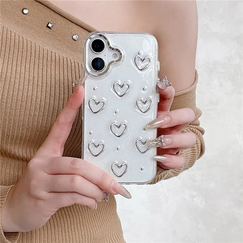 Custodia Per IPhone TPU Glitter Argento 3D Cuore Cavo Perline Design Cornice Galvanizzata Cover Protettiva Morbida Donna