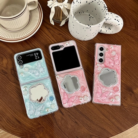 Glitter Rhinestone Mirror Flower Phone Case For Samsung Z Flip Fold Series Butterfly Pearl Decorative Sweet Phone Cover