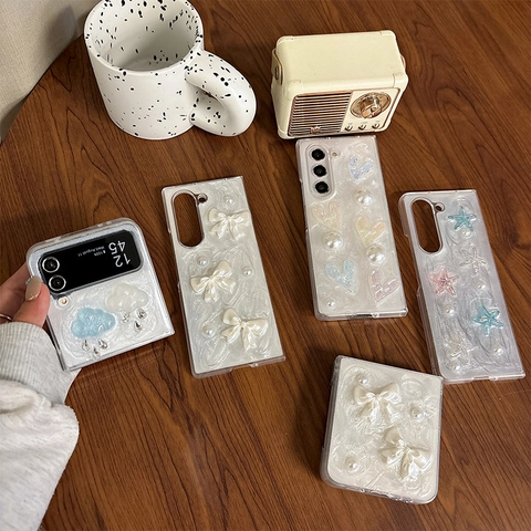 Z Flip Fold Phone Case Sweet Bow Artificial Pearl Rhinestone PC Hard Shell Folding Screen Protective Cover Shockproof Decorative Case