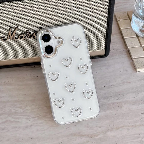 Custodia Per IPhone TPU Glitter Argento 3D Cuore Cavo Perline Design Cornice Galvanizzata Cover Protettiva Morbida Donna