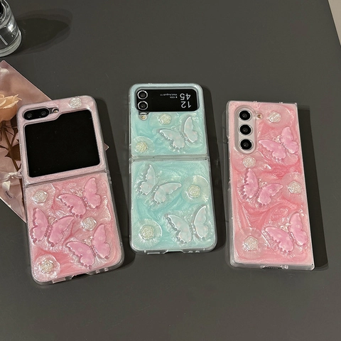 3D Butterfly Rose Flower Phone Case For Folding Screen Glitter Glue Drop Resin Pattern Shockproof Protective Cover Girly Style