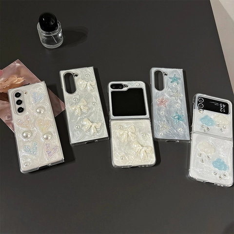 Z Flip Fold Phone Case Sweet Bow Artificial Pearl Rhinestone PC Hard Shell Folding Screen Protective Cover Shockproof Decorative Case