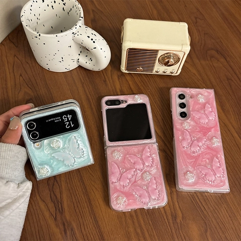 3D Butterfly Rose Flower Phone Case For Folding Screen Glitter Glue Drop Resin Pattern Shockproof Protective Cover Girly Style