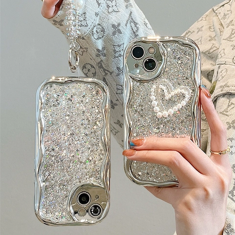 Luxury Silver Electroplated Wave Edge Phone Case Glitter Sequin Artificial Pearl Heart With Rhinestone Wrist Strap Chain Cover