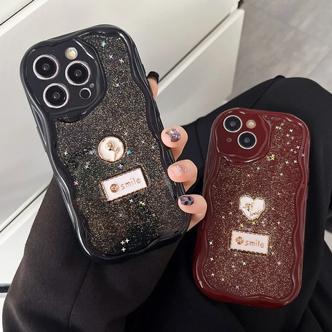 Shiny Star Glitter Phone Case Wavy Edge Full Wrap Anti-fall TPU Cover With Metallic Rose Flower Smile Label Luxury Design