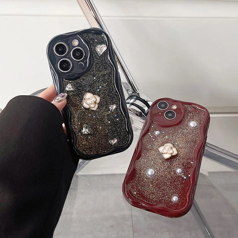 Luxury Camellia Flower Phone Case Wavy Edge TPU Glitter Rhinestone Artificial Pearl Sparkly Protective Cover For iPhone