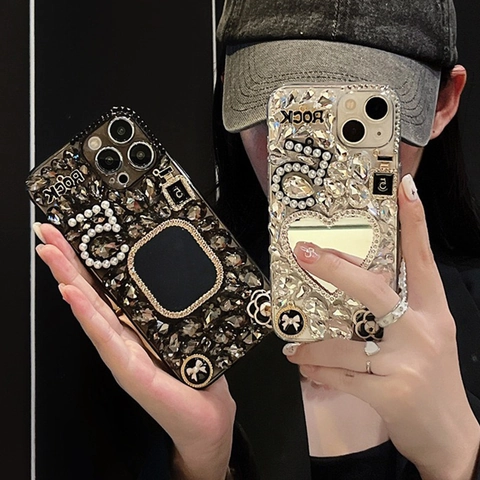 Custodia Per Telefono Di Lusso Con Strass Specchio Perla Artificial Fiore Di Camelia Design A Cuore Cover Rigida Per Donna