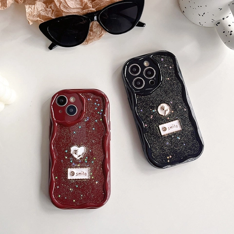Shiny Star Glitter Phone Case Wavy Edge Full Wrap Anti-fall TPU Cover With Metallic Rose Flower Smile Label Luxury Design