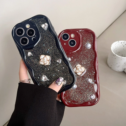 Luxury Camellia Flower Phone Case Wavy Edge TPU Glitter Rhinestone Artificial Pearl Sparkly Protective Cover For iPhone