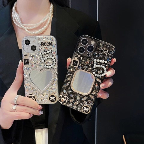 Custodia Per Telefono Di Lusso Con Strass Specchio Perla Artificial Fiore Di Camelia Design A Cuore Cover Rigida Per Donna