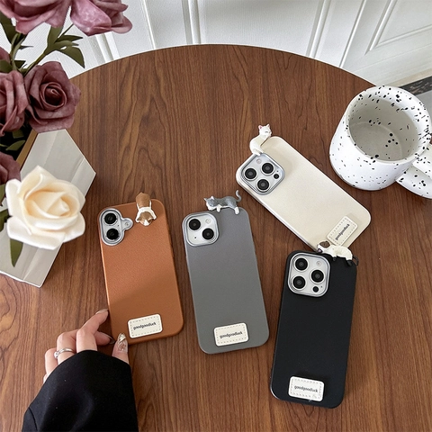 Funda De Teléfono Adorno De Gato 3D Dibujos Animados Kawaii Cuero Sintético Textura Lichi TPU Suave Antichoque Protectora