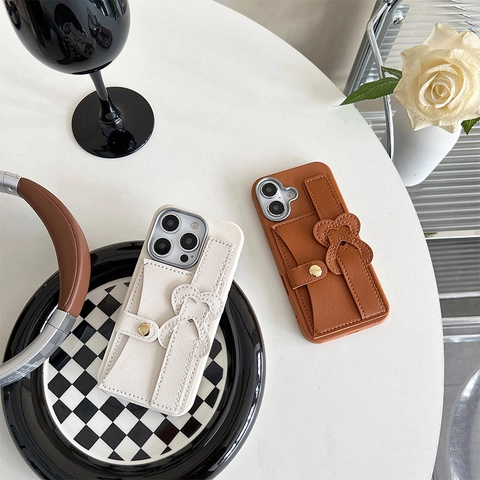 Custodia Per Telefono Portafoglio In Pelle PU Motivo Litchi Con Porta Carte Cinturino Polso Decoro Cuore Per IPhone Donne