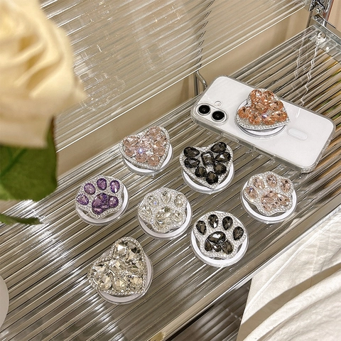 Supporto Magnetico Per Telefono Con Strass Lusso Forma Di Cuore E Zampa Di Gatto Estensibile In Lega Cristallo Per Ragazze
