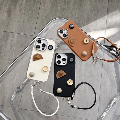 Funda De Móvil Vintage Con Botones Geométricos De Cuero Sintético Correa De Mano Para IPhone 16 17 Pro Max Suave TPU Arte