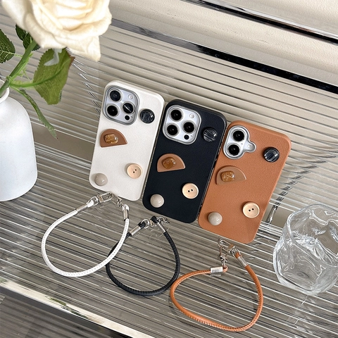 Funda De Móvil Vintage Con Botones Geométricos De Cuero Sintético Correa De Mano Para IPhone 16 17 Pro Max Suave TPU Arte