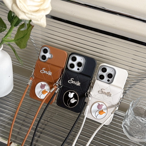 Funda De Teléfono Cartera Cruzada Cuero PU Acolchado Con Tarjetero Cordón Desmontable Decoración De Tulipán Para Mujer