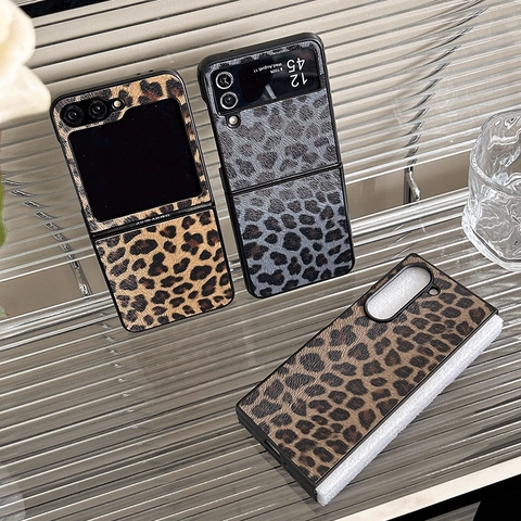 Leopard Print PU Leather Phone Case For Samsung Galaxy Z Flip Fold Series Hard PC Shockproof Slim Protective Cover
