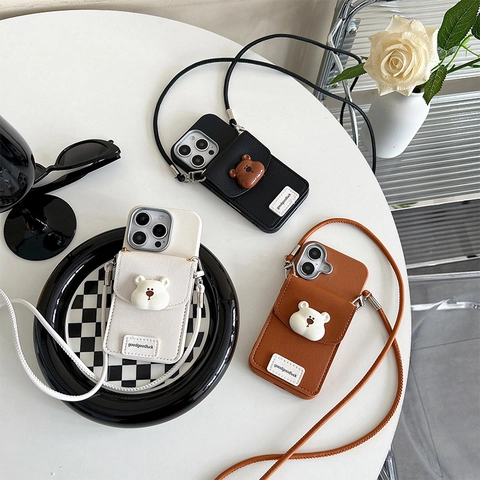 Funda Para IPhone Con Cartera Tarjetero Y Cordón Cruzado Lindo Oso Cuero Sintético TPU Cubierta Protectora