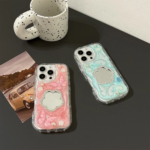 3D Butterfly Flower Mirror Phone Case Glistening Glitter Rhinestone Artificial Pearl TPU Silicone Soft Shockproof Full Cover