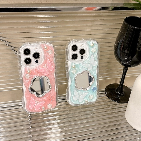 3D Butterfly Flower Mirror Phone Case Glistening Glitter Rhinestone Artificial Pearl TPU Silicone Soft Shockproof Full Cover