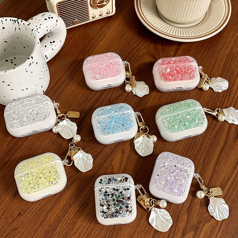 Sparkly Glitter Wireless Earphone Case For Pro 2 3 4 Protective Cover With Shell Artificial Pearl Charm Keychain