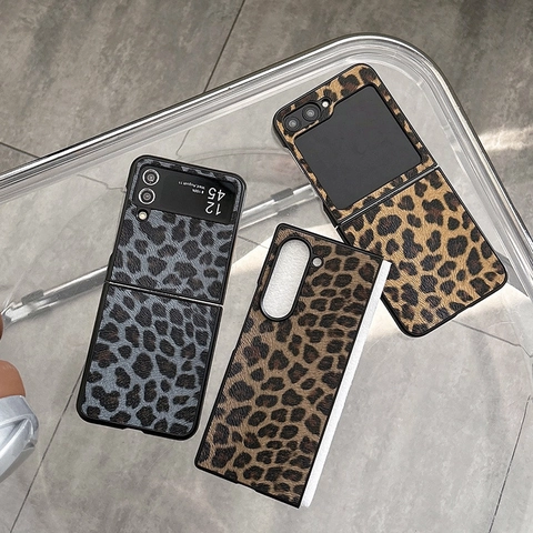 Leopard Print PU Leather Phone Case For Samsung Galaxy Z Flip Fold Series Hard PC Shockproof Slim Protective Cover