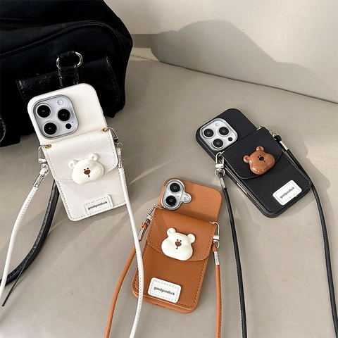 Funda Para IPhone Con Cartera Tarjetero Y Cordón Cruzado Lindo Oso Cuero Sintético TPU Cubierta Protectora