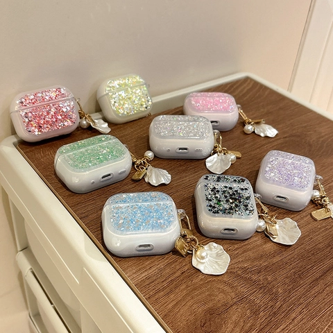 Sparkly Glitter Wireless Earphone Case For Pro 2 3 4 Protective Cover With Shell Artificial Pearl Charm Keychain