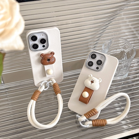 Cute 3D Bear Decoration Phone Case PU Leather With Hand Rope Ring Strap Protective Anti Drop Cover For Women Fashion
