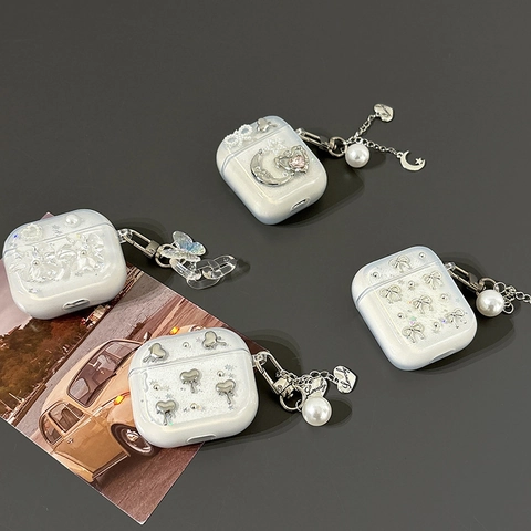Earphone Case For AirPods Pro 4 With 3D Heart Star Moon Artificial Pearl Pendant Glitter Transparent TPU Luxury Aesthetic Cover