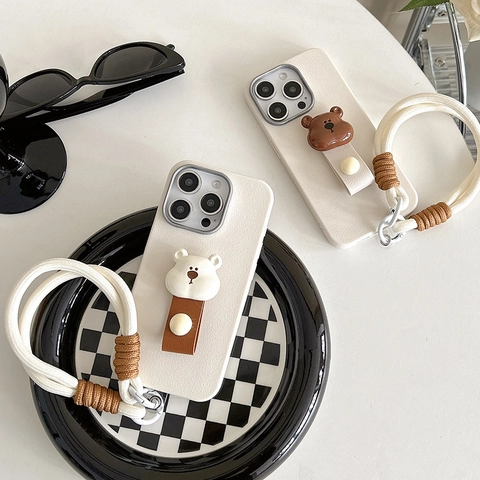 Cute 3D Bear Decoration Phone Case PU Leather With Hand Rope Ring Strap Protective Anti Drop Cover For Women Fashion
