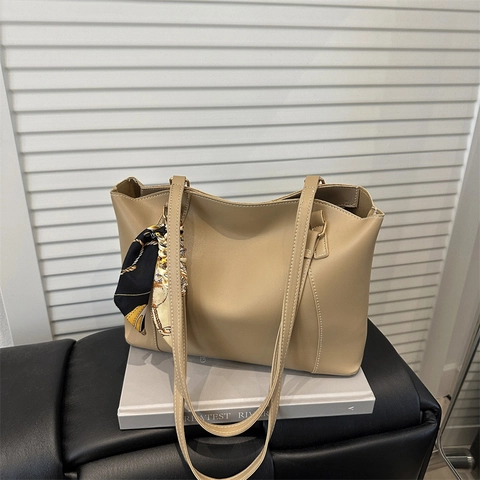 Urban Minimalist Large Capacity Tote Bag For Women PU Leather Shoulder Bag With Decorative Satin Scarf Contrast Stitching Casual Office Commute Handbag
