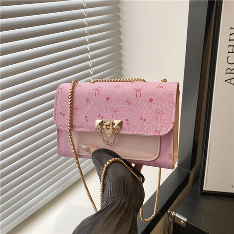 Women PU Leather Mini Crossbody Bag Floral Bow Print Gold Chain Strap Square Flip Shoulder Bag Korean Style Cute