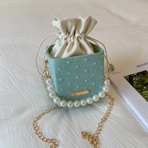 Mini Bucket Bag Fabric Textured With Faux Artificial Pearl Handle And Gold Chain Strap Drawstring Square Crossbody For Women