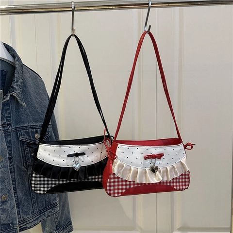 Bolso De Hombro Para Mujer Cuero PU Cuadros Color De Contraste Con Volantes Lazo Colgante Corazón Estilo Dulce