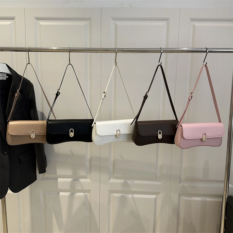 PU Leather Shoulder Bag For Women Underarm Baguette Bag Golden Oval Buckle Retro Fashionable Solid Color