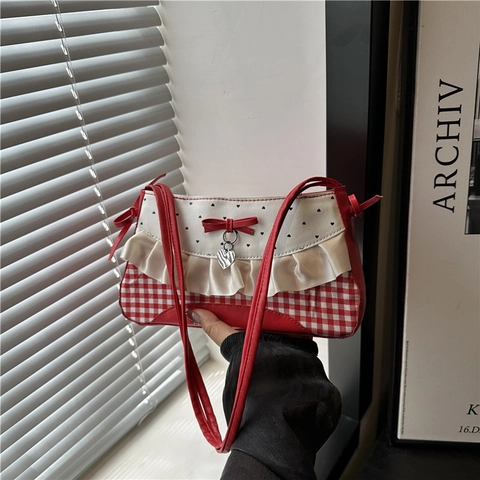 Borsa Baguette Sottobraccio Pelle PU Quadretti Vichy Pizzo Fiocco Ciondolo Cuore Stile Dolce Cool Y2K