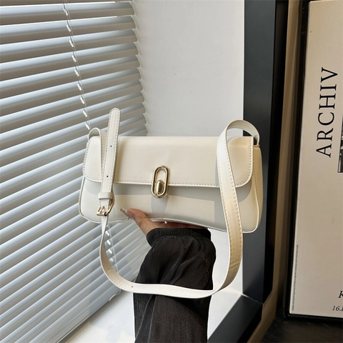 PU Leather Shoulder Bag For Women Underarm Baguette Bag Golden Oval Buckle Retro Fashionable Solid Color