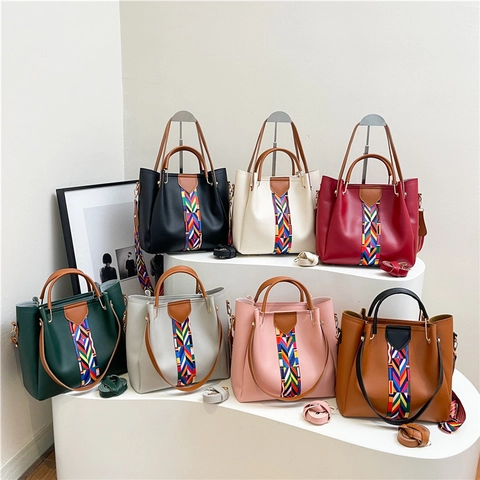 Women Tote Handbag PU Leather Color Block Ethnic Geometric Embroidered Wide Strap Shoulder Bag Large Capacity Top Handle