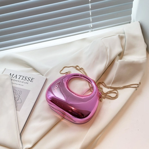 Bolso De Noche De Media Luna Metálico Con Espejo De Acrílico Para Mujer Asa Redonda Hueca Mini Bolso Con Cadena