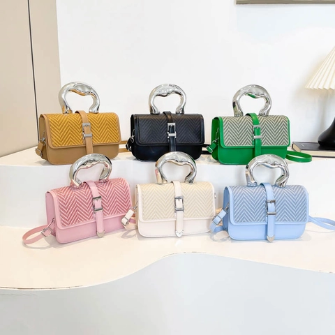 Woven Patchwork Small Square Bag Women Silver Metallic Handle Shoulder Crossbody Handheld Elegant Trendy Solid Color