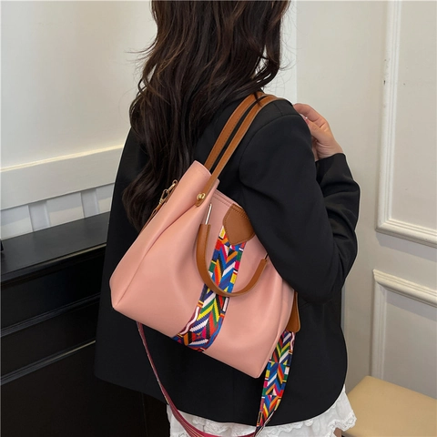 Women Tote Handbag PU Leather Color Block Ethnic Geometric Embroidered Wide Strap Shoulder Bag Large Capacity Top Handle