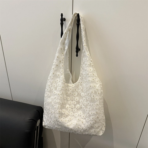 Damen Weiß Spitze Bestickt Blumen Tote Bag Große Kapazität Durchbrochene Schultertasche Französischer Vintage Stil