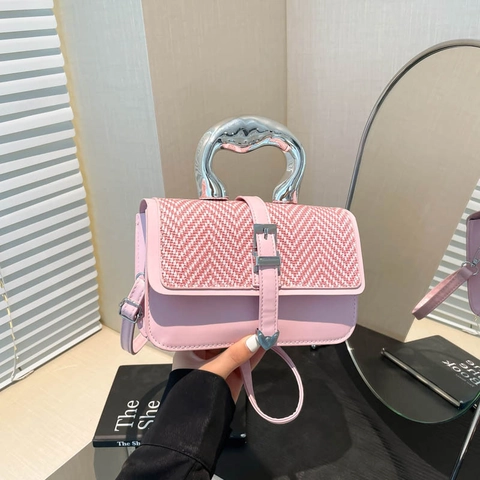 Woven Patchwork Small Square Bag Women Silver Metallic Handle Shoulder Crossbody Handheld Elegant Trendy Solid Color