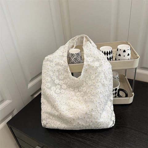 Damen Koreanisch Spitze Blume Tote Tasche Große Kapazität Canvas Schultertasche Bestickt Floral Casual Handtasche