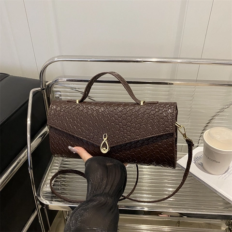 Woven Texture Shoulder Bag Women PU Leather Handbag Gold Hardware Crossbody Square Box Commute Fashion Elegant Handbag